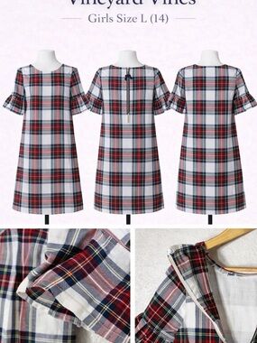 Vineyard Vines Red White and Navy Plaid Ruffle Sleeve Dress - Girls